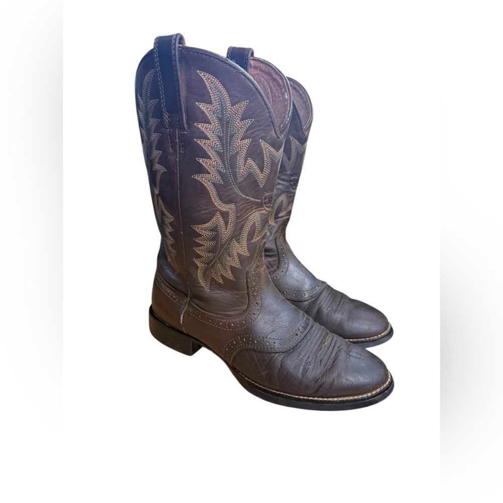 Ariat Heritage Dark Brown Leather Western Stitch-Pattern Boots Teal Cream Sz 7.5